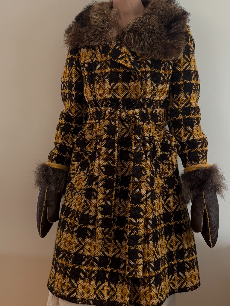Genuine Coat Vintage Plaid Tweed Princess Swing Fur Collar Belted Mustard S M